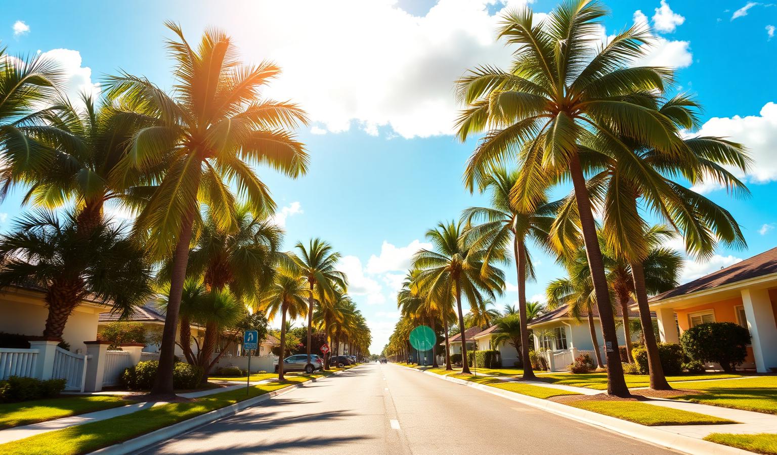 Sunny Florida suburban street lined with palm trees