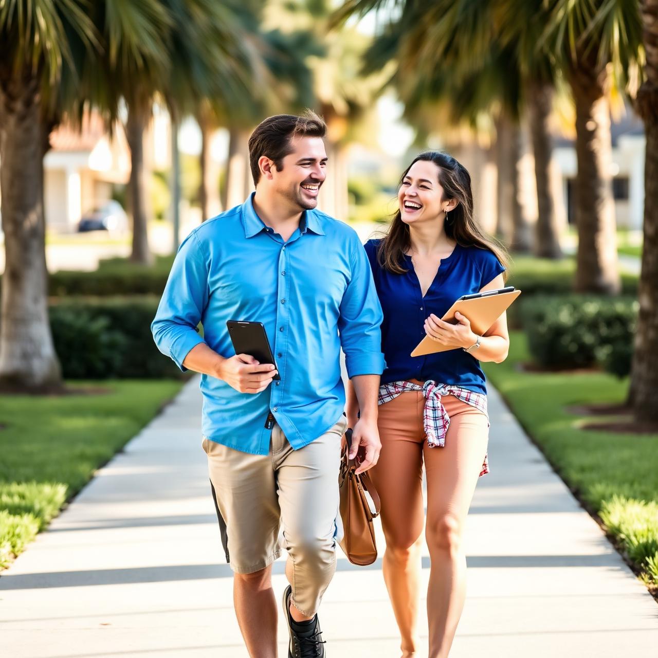 Two teammates walking and laughing on a sunny sidewalk
